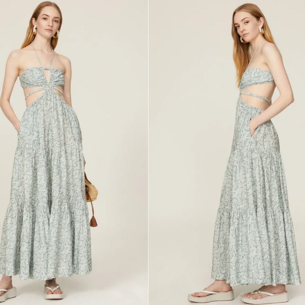 JONATHAN SIMKHAI Laurel Cut-Out Green & White Printed Maxi Dress - Size Medium